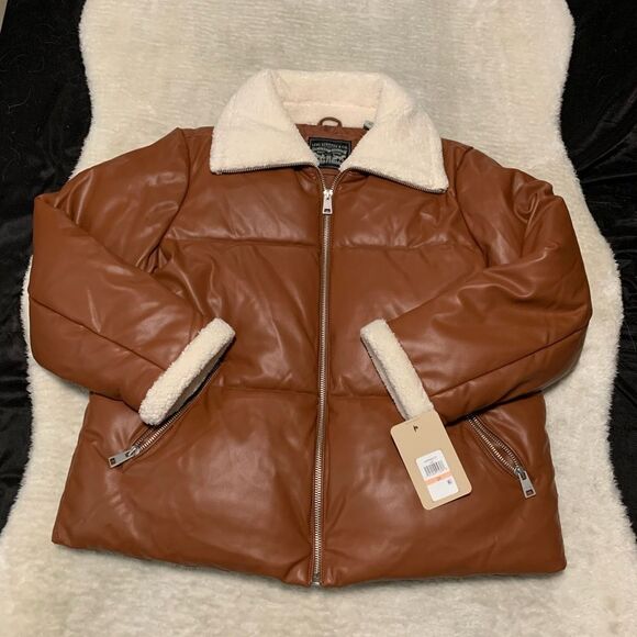 Levis Womens SZ 2X Plus Breanna Puffer Eco Leather Quilted Jacket Full Zip Brown - Picture 1 of 8